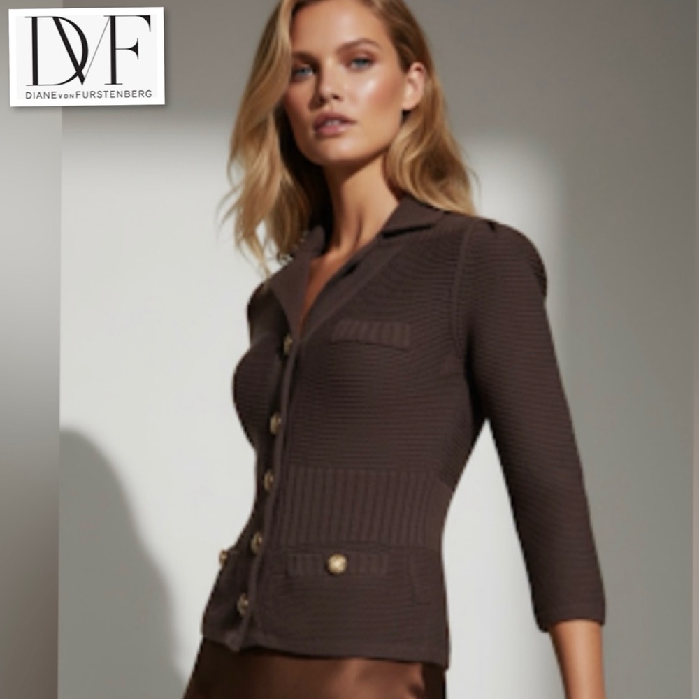 Diane Von Furstenberg Jordan Chocolate Brow 100% Wool Cardigan Knit Blazer Sz 0
